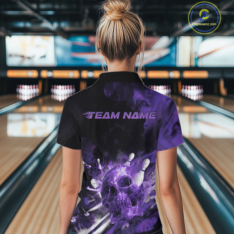 Custom Purple Fire Flame Skull Bowling Women Quarter-Zip Shirt, Halloween Bowling Outfits IPHW9580