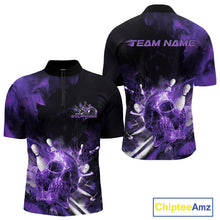 Load image into Gallery viewer, Custom Purple Fire Flame Skull Bowling Quarter-Zip Shirts For Men, Halloween Bowling Outfits IPHW9580