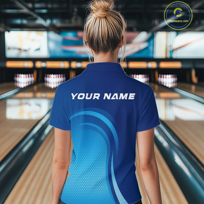 Custom Blue Bowling Team Women Quarter-Zip Shirt, Bowling Tournament Bowling League Shirt IPHW9236