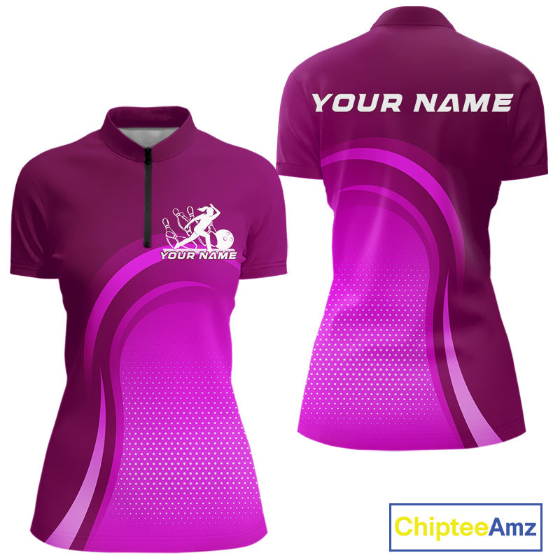 Custom Purple Bowling Team Women Quarter-Zip Shirt, Tournament Bowling League Shirt IPHW9237