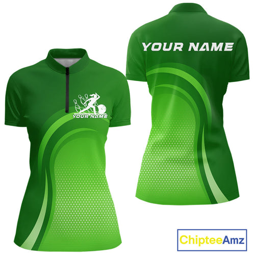 Custom Green Bowling Team Women Quarter-Zip Shirt, Tournament Bowling League Shirt IPHW9238