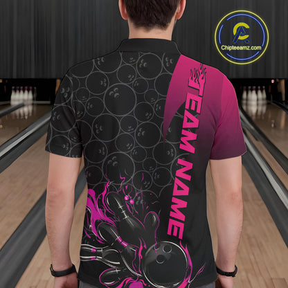 Custom Bowling Pattern Pink Flame Strike Bowling Team Men Polo Shirts, Bowling Jerseys IPHW9417