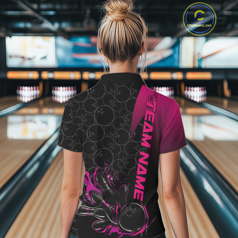 Custom Bowling Pattern Pink Flame Strike Bowling Team Women Polo Shirts, Bowling Jerseys IPHW9417