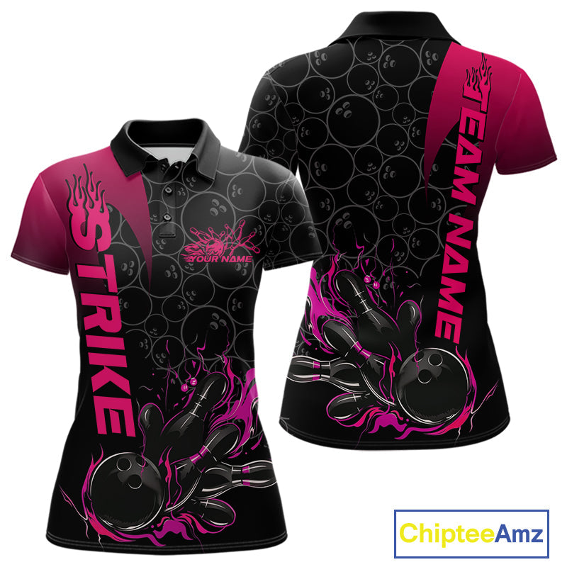 Custom Bowling Pattern Pink Flame Strike Bowling Team Women Polo Shirts, Bowling Jerseys IPHW9417