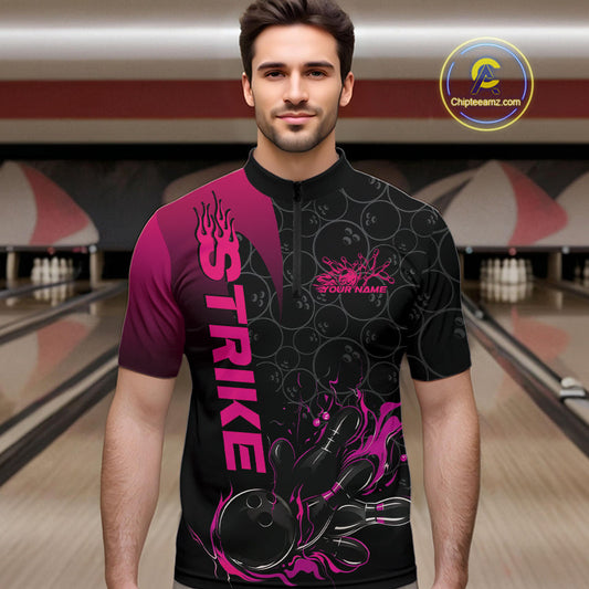 Custom Bowling Pattern Pink Flame Strike Bowling Team Men Quarter-Zip Shirts, Bowling Jerseys IPHW9417