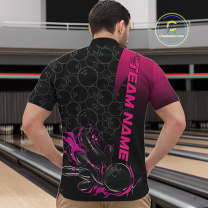 Custom Bowling Pattern Pink Flame Strike Bowling Team Men Quarter-Zip Shirts, Bowling Jerseys IPHW9417