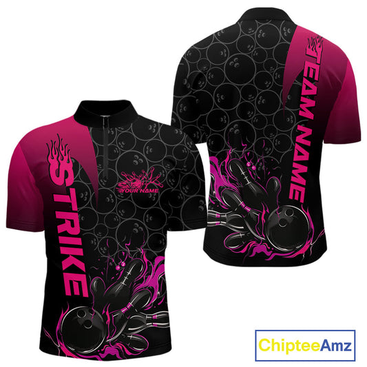 Custom Bowling Pattern Pink Flame Strike Bowling Team Men Quarter-Zip Shirts, Bowling Jerseys IPHW9417