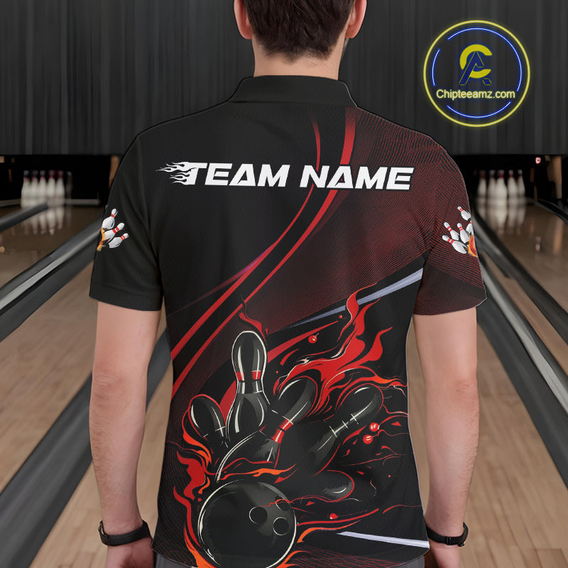 Custom Black And Red Fire Flame Bowling Team Men Polo Shirts, Bowling Jerseys IPHW9418