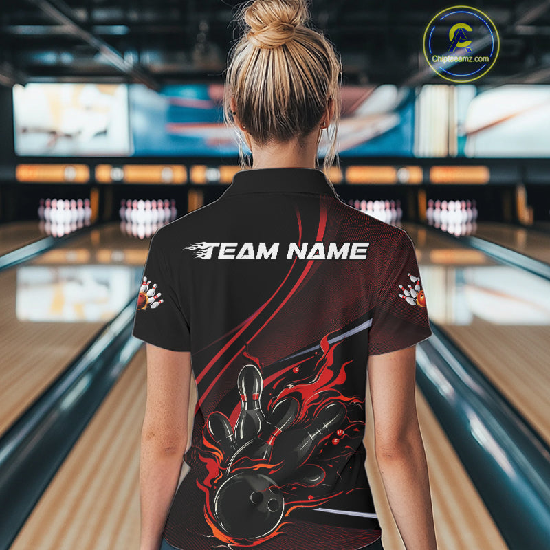 Custom Black And Red Fire Flame Bowling Team Women Polo Shirts, Bowling Jerseys IPHW9418
