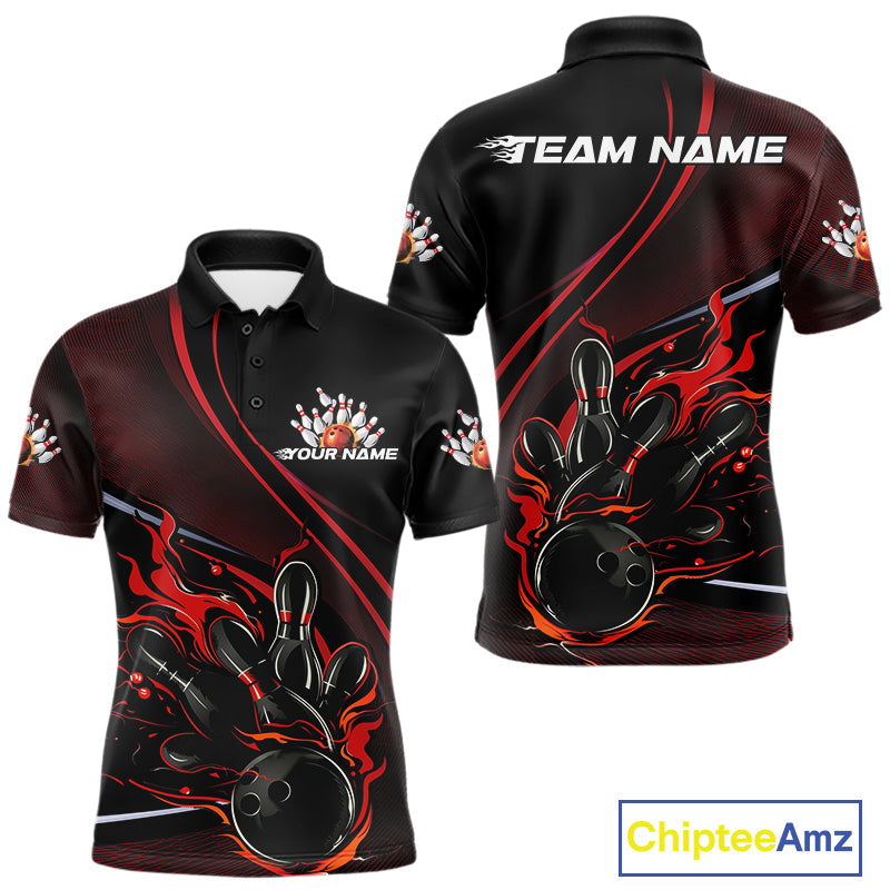 Custom Black And Red Fire Flame Bowling Team Men Polo Shirts, Bowling Jerseys IPHW9418