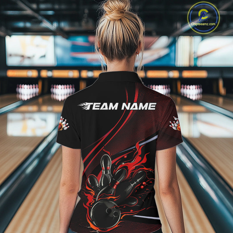 Custom Black And Red Fire Flame Bowling Team Women Quarter-Zip Shirts, Bowling Jerseys IPHW9418