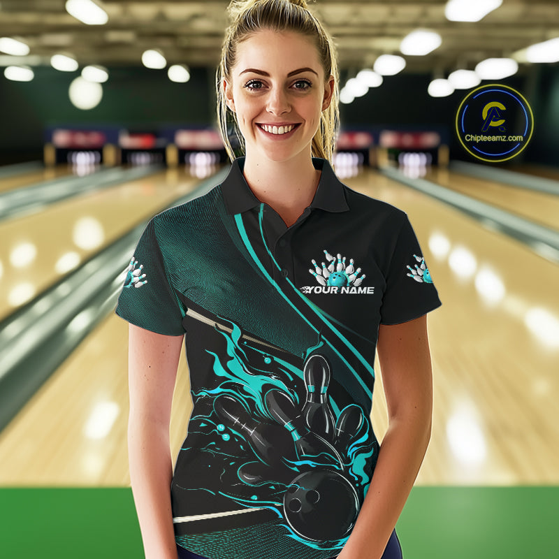 Custom Black And Blue Fire Flame Bowling Team Women Polo Shirts, Bowling Jerseys IPHW9419