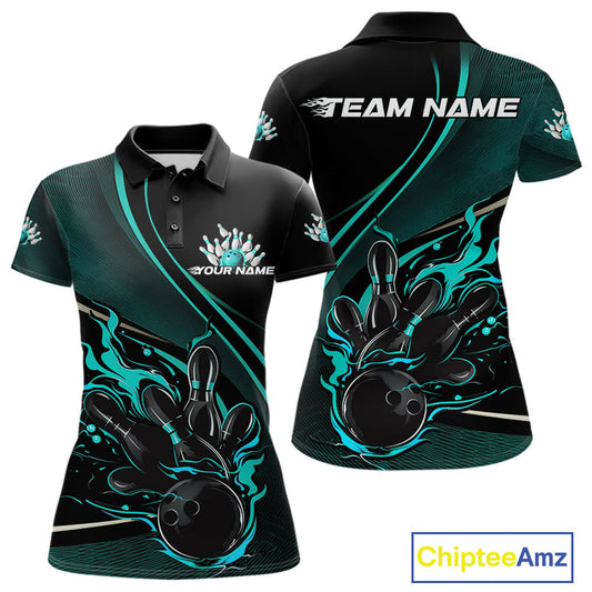 Custom Black And Blue Fire Flame Bowling Team Women Polo Shirts, Bowling Jerseys IPHW9419