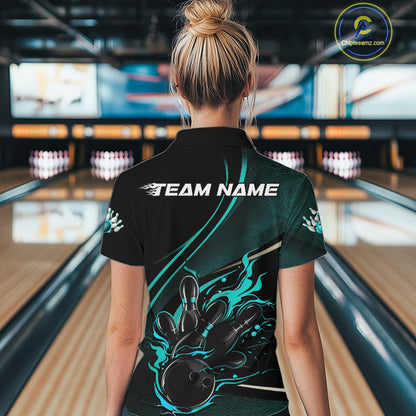 Custom Black And Blue Fire Flame Bowling Team Women Quarter-Zip Shirts, Bowling Jerseys IPHW9419