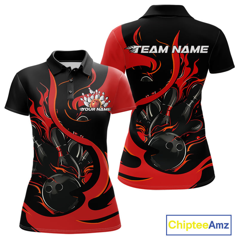 Custom Black And Red Flame Bowling Polo Shirts For Women, Bowling Tournament Team Uniform IPHW9245
