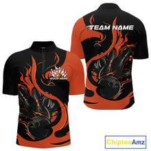 Load image into Gallery viewer, Custom Black And Orange Flame Bowling Quarter-Zip Shirts For Men, Bowling Tournament Team Uniform IPHW9246