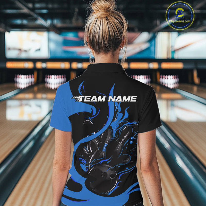 Custom Black And Blue Flame Bowling Women Quarter-Zip Shirt, Bowling Team Uniform IPHW9247