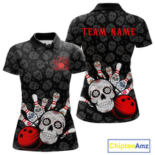 Load image into Gallery viewer, Custom Black And Red Sugar Skull Bowling Team Polo Shirts For Women, Bowling League Shirt IPHW9251