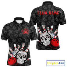 Load image into Gallery viewer, Custom Black And Red Sugar Skull Bowling Team Polo Shirts For Men, Bowling League Shirt IPHW9251