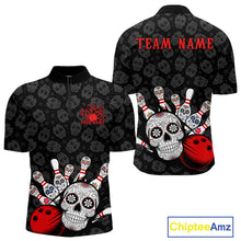 Load image into Gallery viewer, Custom Black And Red Sugar Skull Bowling Team Quarter-Zip Shirts For Men, Bowling League Shirt IPHW9251