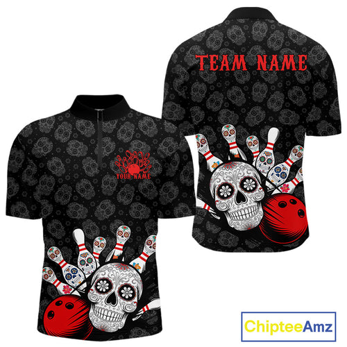 Custom Black And Red Sugar Skull Bowling Team Quarter-Zip Shirts For Men, Bowling League Shirt IPHW9251