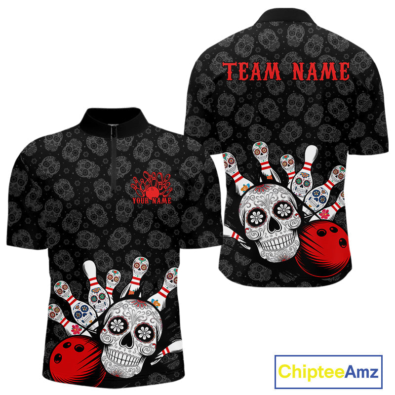 Custom Black And Red Sugar Skull Bowling Team Quarter-Zip Shirts For Men, Bowling League Shirt IPHW9251