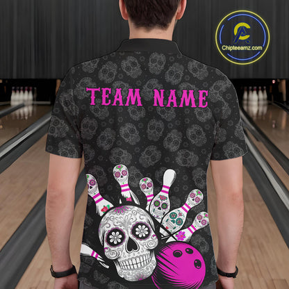 Custom Black And Pink Sugar Skull Bowling Team Polo Shirts For Men, Bowling League Shirt IPHW9252