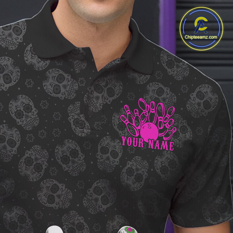 Custom Black And Pink Sugar Skull Bowling Team Polo Shirts For Men, Bowling League Shirt IPHW9252