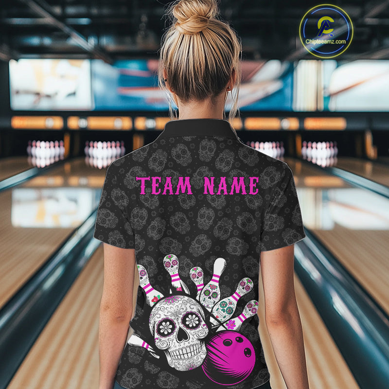 Custom Black And Pink Sugar Skull Bowling Team Polo Shirt For Women, Bowling League Shirt IPHW9252