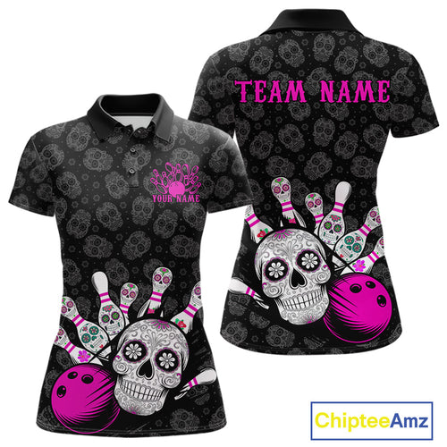 Custom Black And Pink Sugar Skull Bowling Team Polo Shirt For Women, Bowling League Shirt IPHW9252