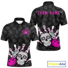 Load image into Gallery viewer, Custom Black And Pink Sugar Skull Bowling Team Polo Shirts For Men, Bowling League Shirt IPHW9252