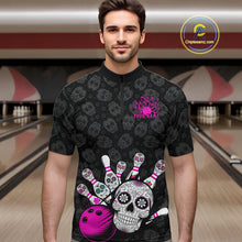 Load image into Gallery viewer, Custom Black And Pink Sugar Skull Bowling Team Quarter-Zip Shirts For Men, Bowling League Shirt IPHW9252