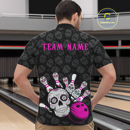 Custom Black And Pink Sugar Skull Bowling Team Quarter-Zip Shirts For Men, Bowling League Shirt IPHW9252