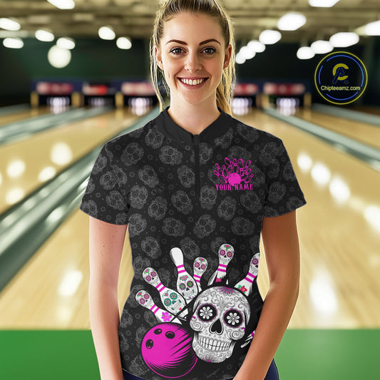 Custom Black And Pink Sugar Skull Bowling Women Quarter-Zip Shirt, Bowling League Shirt IPHW9252