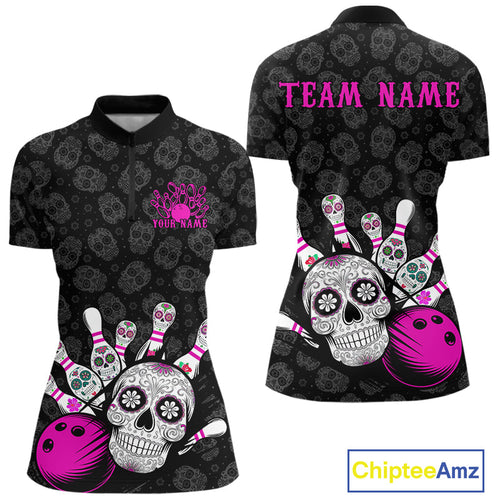 Custom Black And Pink Sugar Skull Bowling Women Quarter-Zip Shirt, Bowling League Shirt IPHW9252