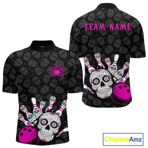 Custom Black And Pink Sugar Skull Bowling Team Quarter-Zip Shirts For Men, Bowling League Shirt IPHW9252
