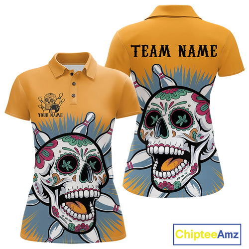 Custom Sugar Skull Bowling Polo Shirts For Women, Halloween Bowling Team Outfit IPHW9253
