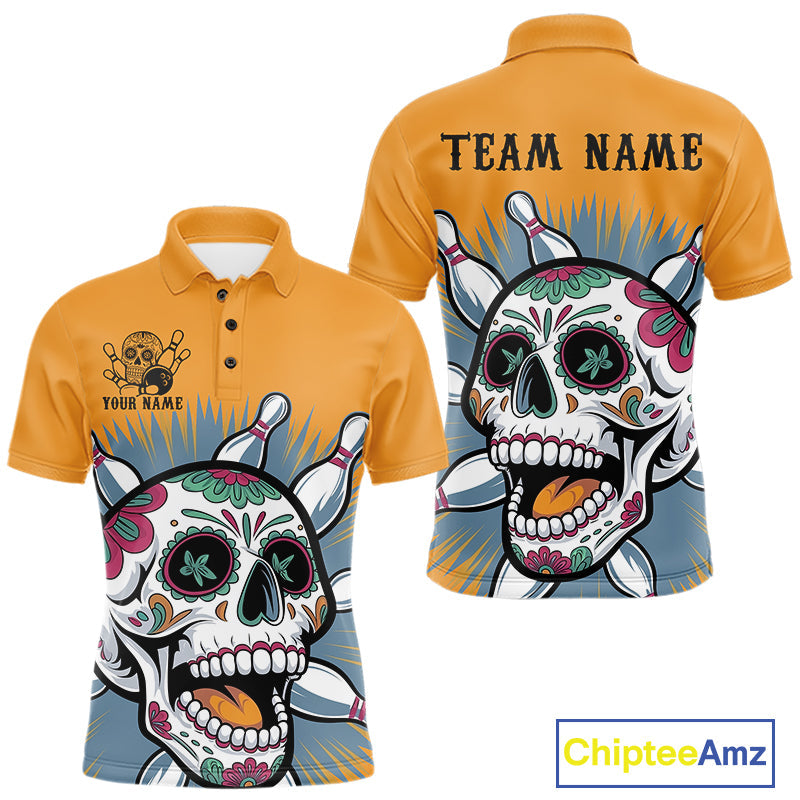 Custom Sugar Skull Bowling Polo Shirts For Men, Halloween Bowling Team Outfit IPHW9253