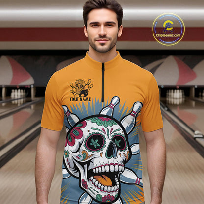 Custom Sugar Skull Bowling Quarter-Zip Shirts For Men, Halloween Bowling Team Outfit IPHW9253