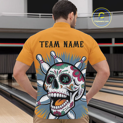 Custom Sugar Skull Bowling Quarter-Zip Shirts For Men, Halloween Bowling Team Outfit IPHW9253