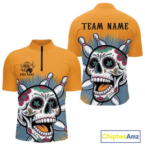 Custom Sugar Skull Bowling Quarter-Zip Shirts For Men, Halloween Bowling Team Outfit IPHW9253