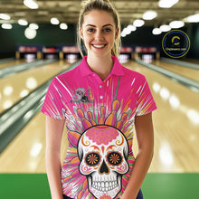 Load image into Gallery viewer, Custom Pink Sugar Skull Bowling Team Polo Shirts For Women, Halloween Bowlers Outfit IPHW9254