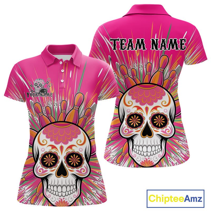 Custom Pink Sugar Skull Bowling Team Polo Shirts For Women, Halloween Bowlers Outfit IPHW9254