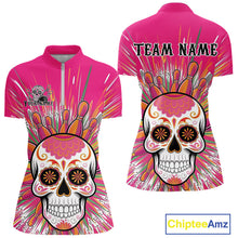 Load image into Gallery viewer, Custom Pink Sugar Skull Bowling Team Women Quarter-Zip Shirt, Halloween Bowlers Outfit IPHW9254