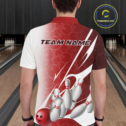 Custom Red Bowling Pattern Bowling Team Polo Shirts For Men, Red Bowling Jerseys IPHW9427