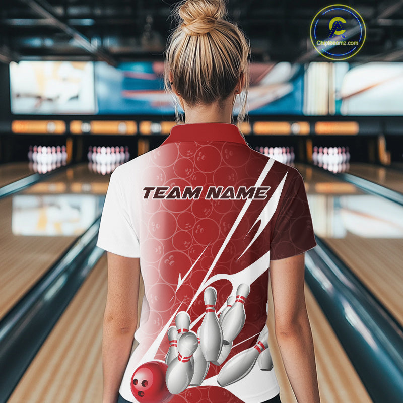 Custom Red Bowling Pattern Bowling Team Polo Shirts For Women, Red Bowling Jerseys IPHW9427