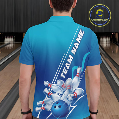 Custom Blue Bowling Pattern Bowling Team Polo Shirts For Men, Blue Bowling Jerseys IPHW9428