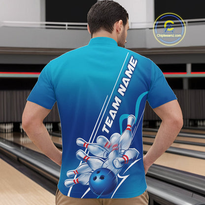 Custom Blue Bowling Pattern Bowling Team Quarter-Zip Shirts For Men, Blue Bowling Jerseys IPHW9428