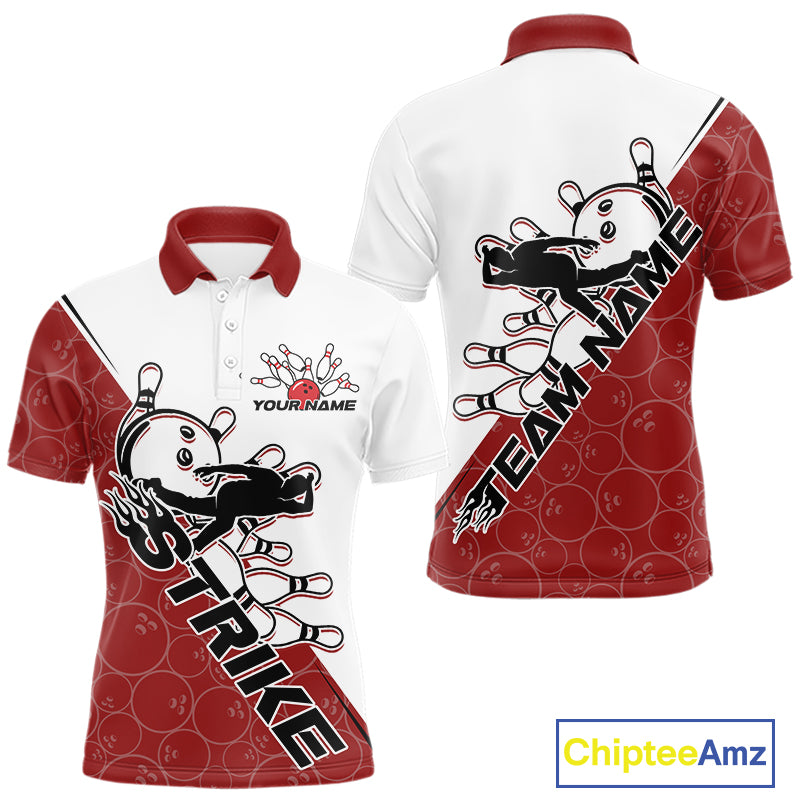 Cusom Red Strike Bowling Team Polo Shirts For Men, Bowling League Shirt Bowlers Outfit IPHW9259