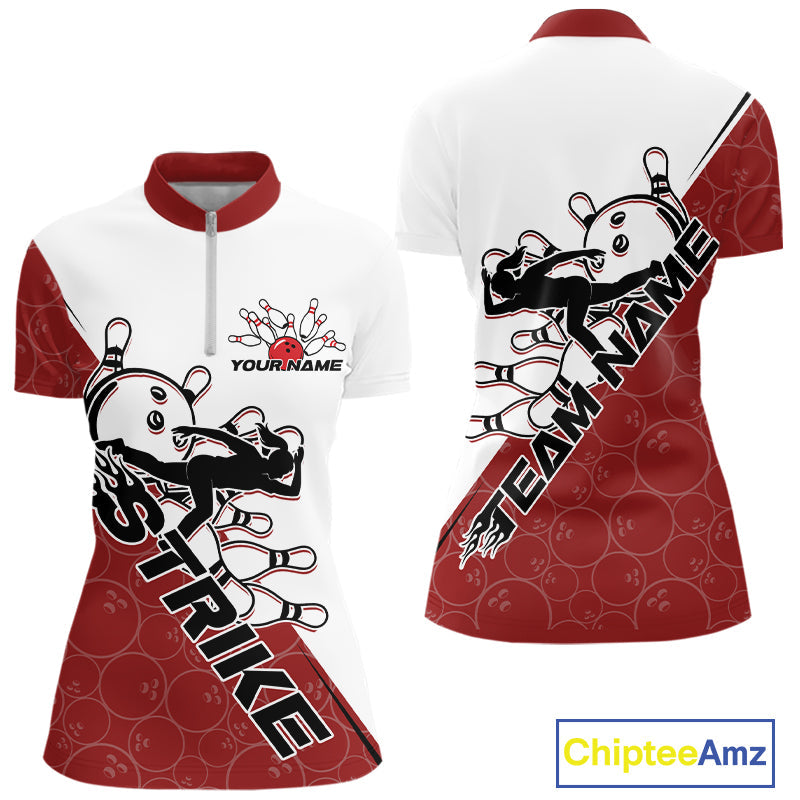 Cusom Red Strike Bowling Team Women Quarter-Zip Shirt, Bowling League Shirt Bowler Outfit IPHW9259